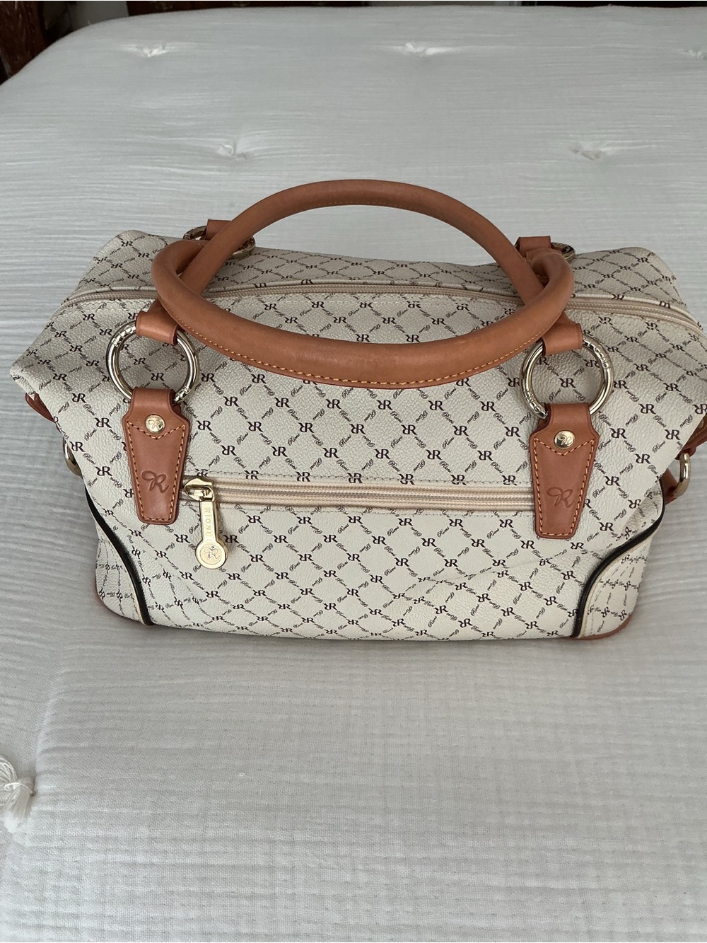 RIONI Felicity Monogram Ivory Satchel with Tan Leather Handles - Picture 2 of 9